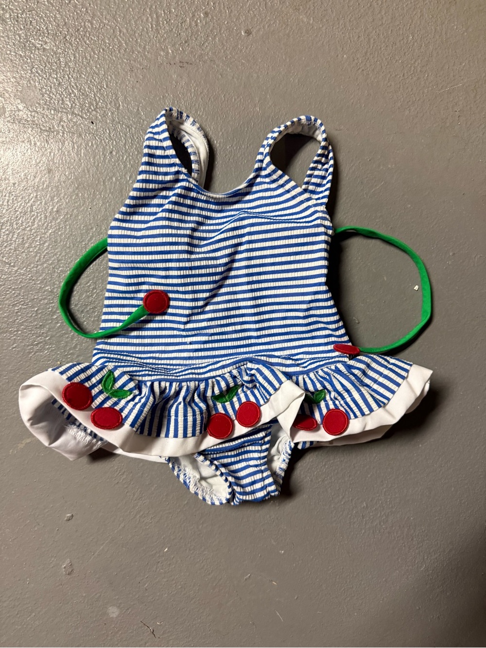 Florence Eiseman Blue & White Striped Swimsuit with Red Cherry Accents